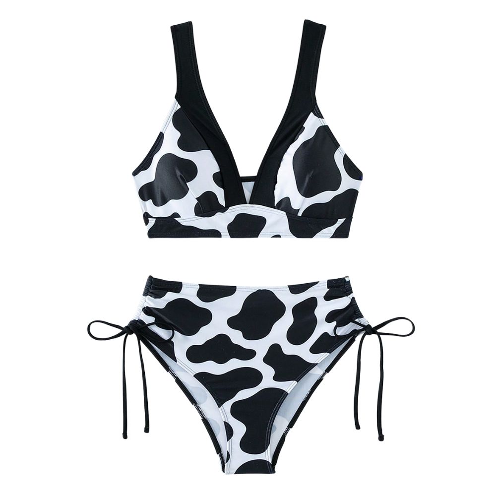 Custom Cow Print Deep V Swimwear Drawstring Side Bikini - Unijoy