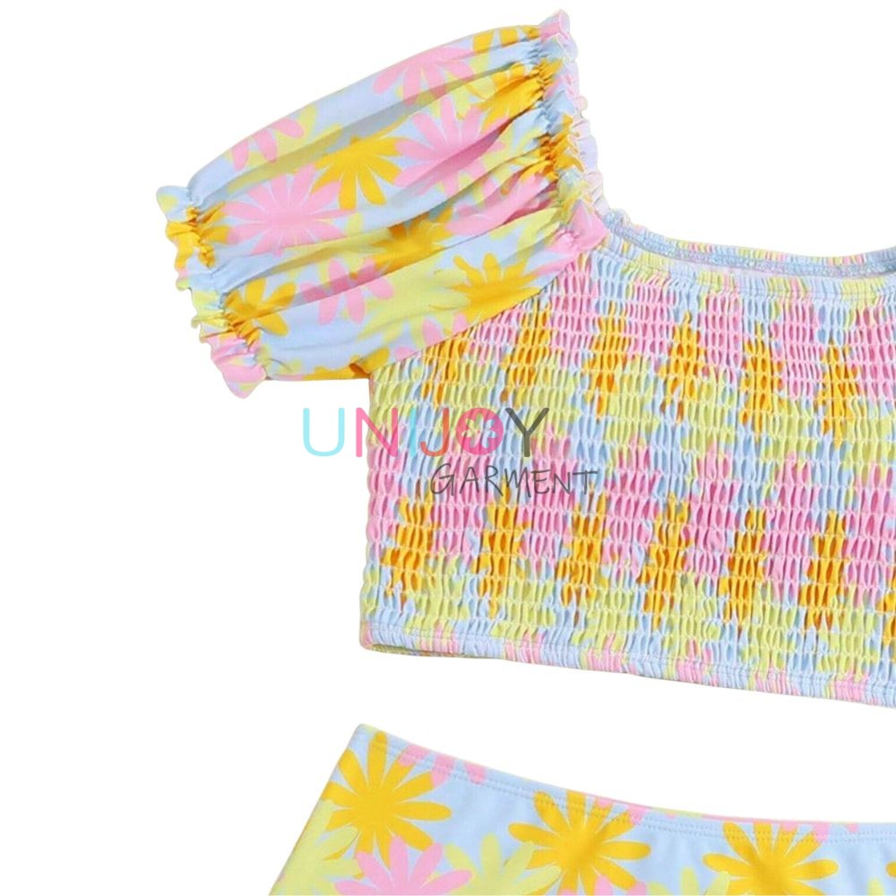 UNGLBK-037-Girls Short Sleeves Bikini Shirred Swimwear