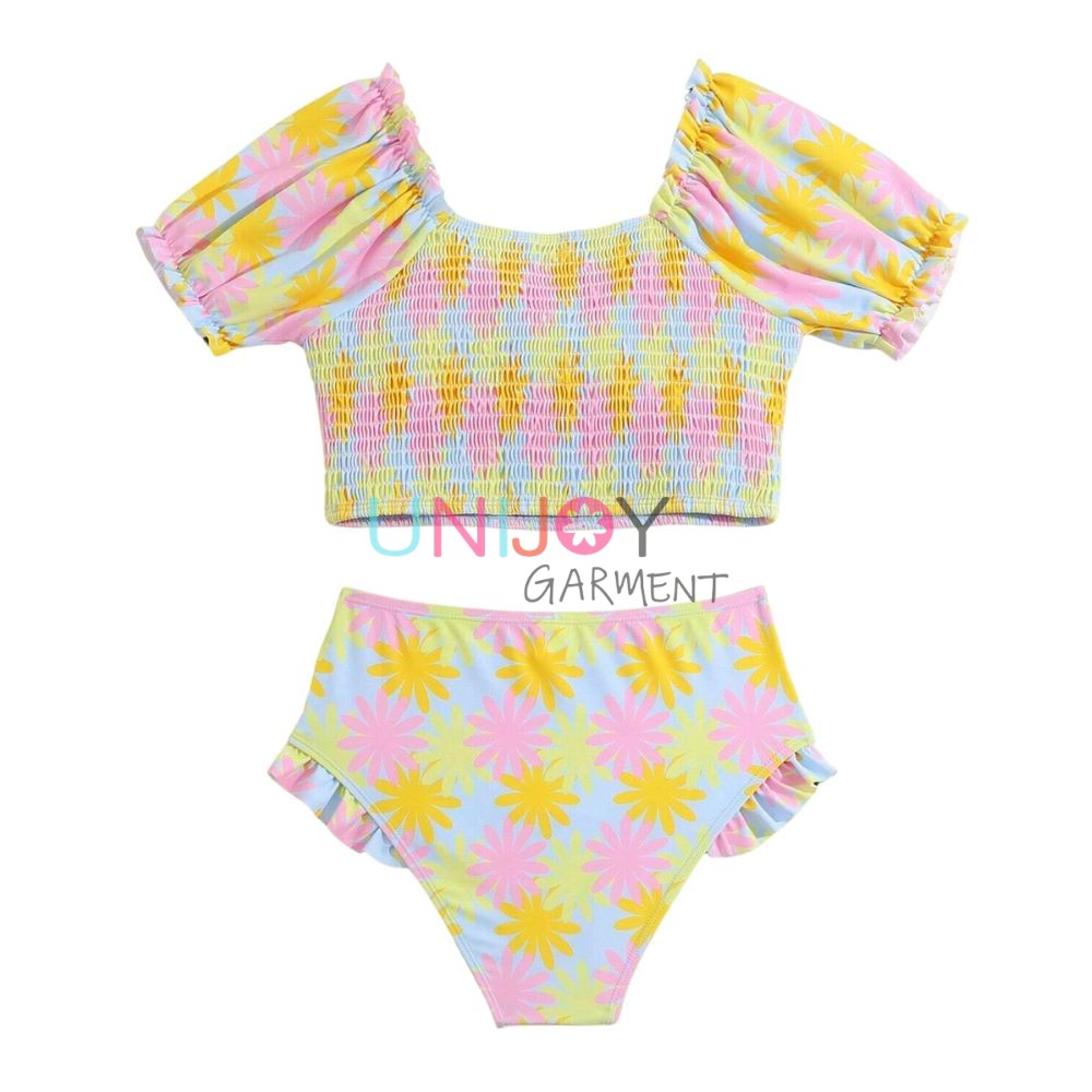 UNGLBK-037-Shirred Swimwear Girls Flower Bikini