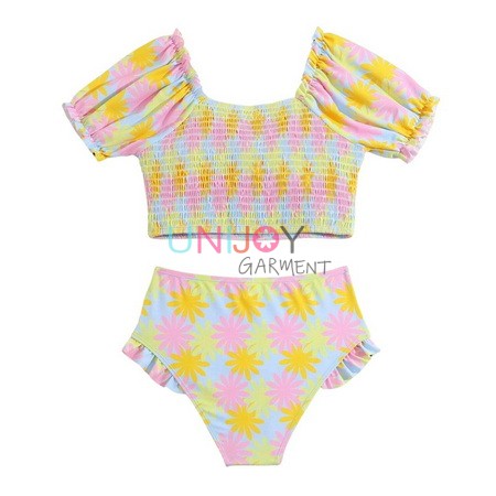 UNGLBK-037-Shirred Swimwear Girls Flower Custom Bikini