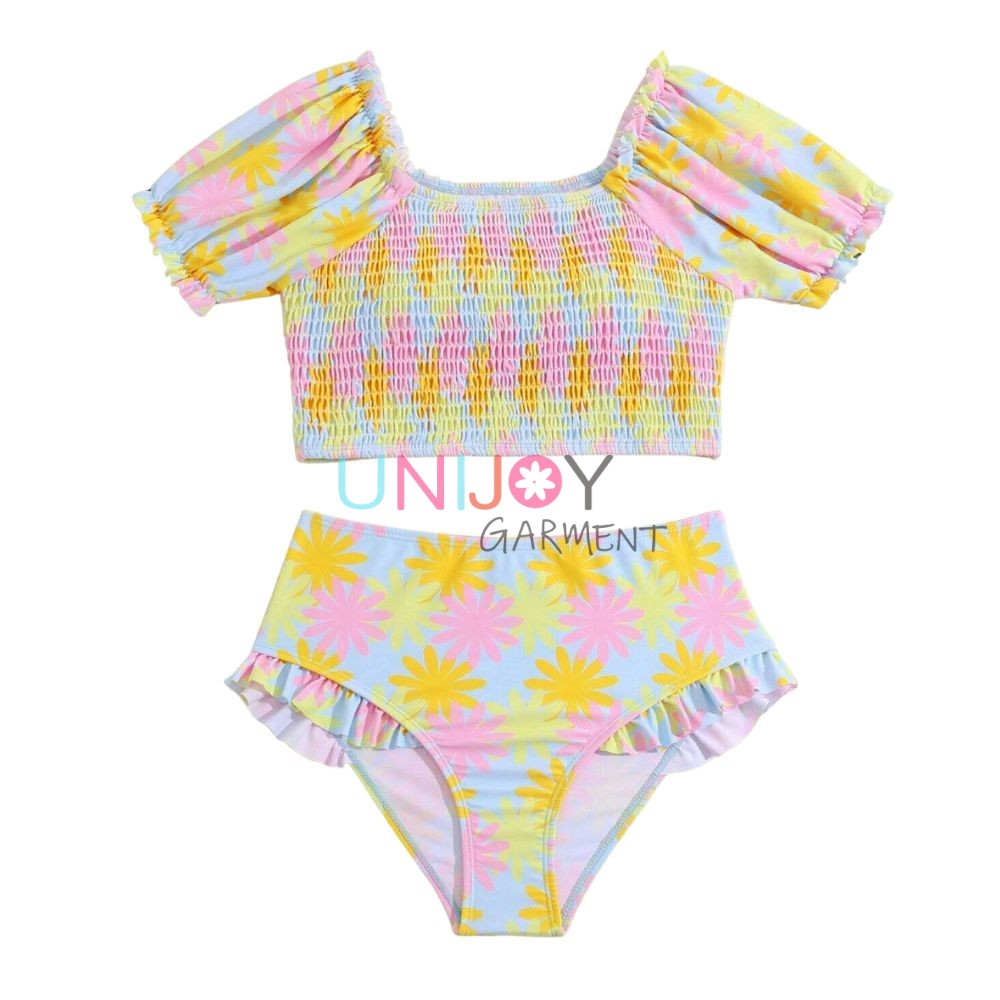 UNGLBK-037-Shirred Swimwear Girls Short Sleeve Bikini With Ruffes