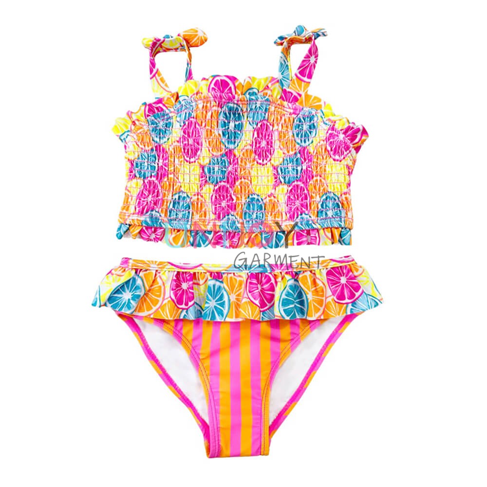 UNGLBK2401-Girls Shirred Custom Swimwear With Ruffes Buttom