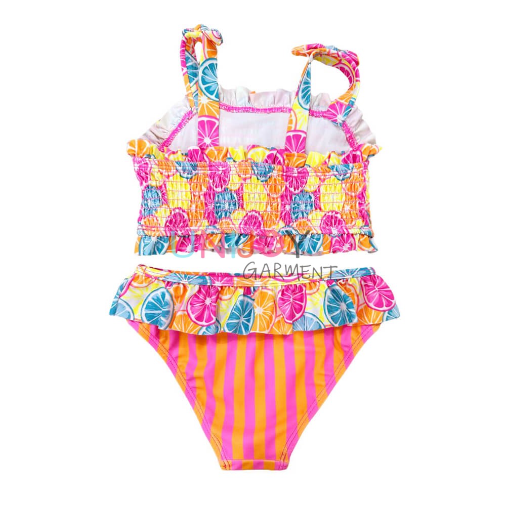 UNGLBK2401-Multicolor Print Bikini Girls Shirred Custom Made Swimwear