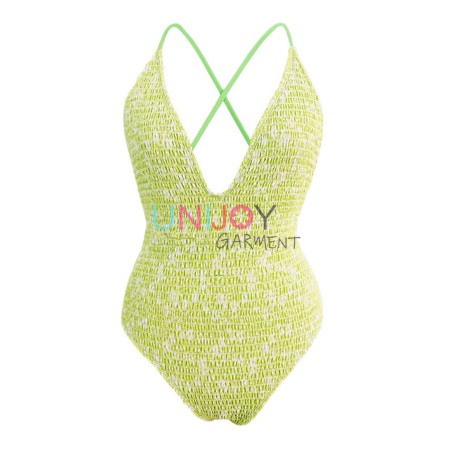 UNWMOP-2401-Deep V Neck Shirred One Piece Swimsuit