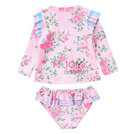 UNGLRG-041-Pink Floral Ruffles Girls Custom Rashguard Swimwear Manufacturer