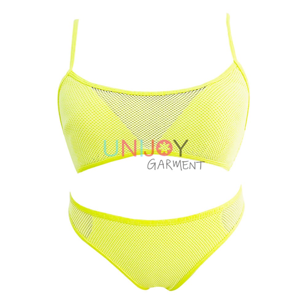 UNWMBK24-0614-Women Yellow Customizable Bikini With Mesh