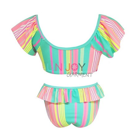 UNGLBK240702-China Short Sleeves Girls Rainbow Stripe Custom Bikini Set With Ruffles