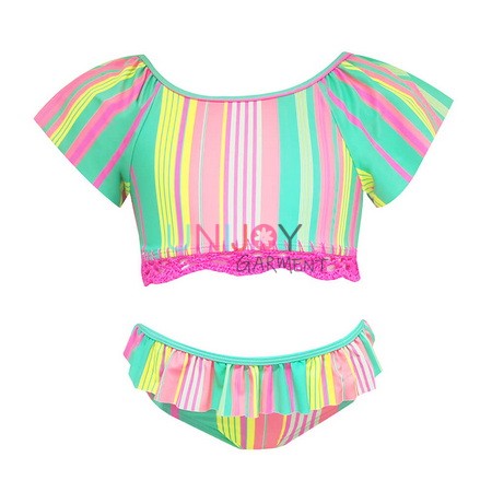 UNGLBK240702-China Short-sleeved Girls Rainbow Stripe Custom Print Bikini