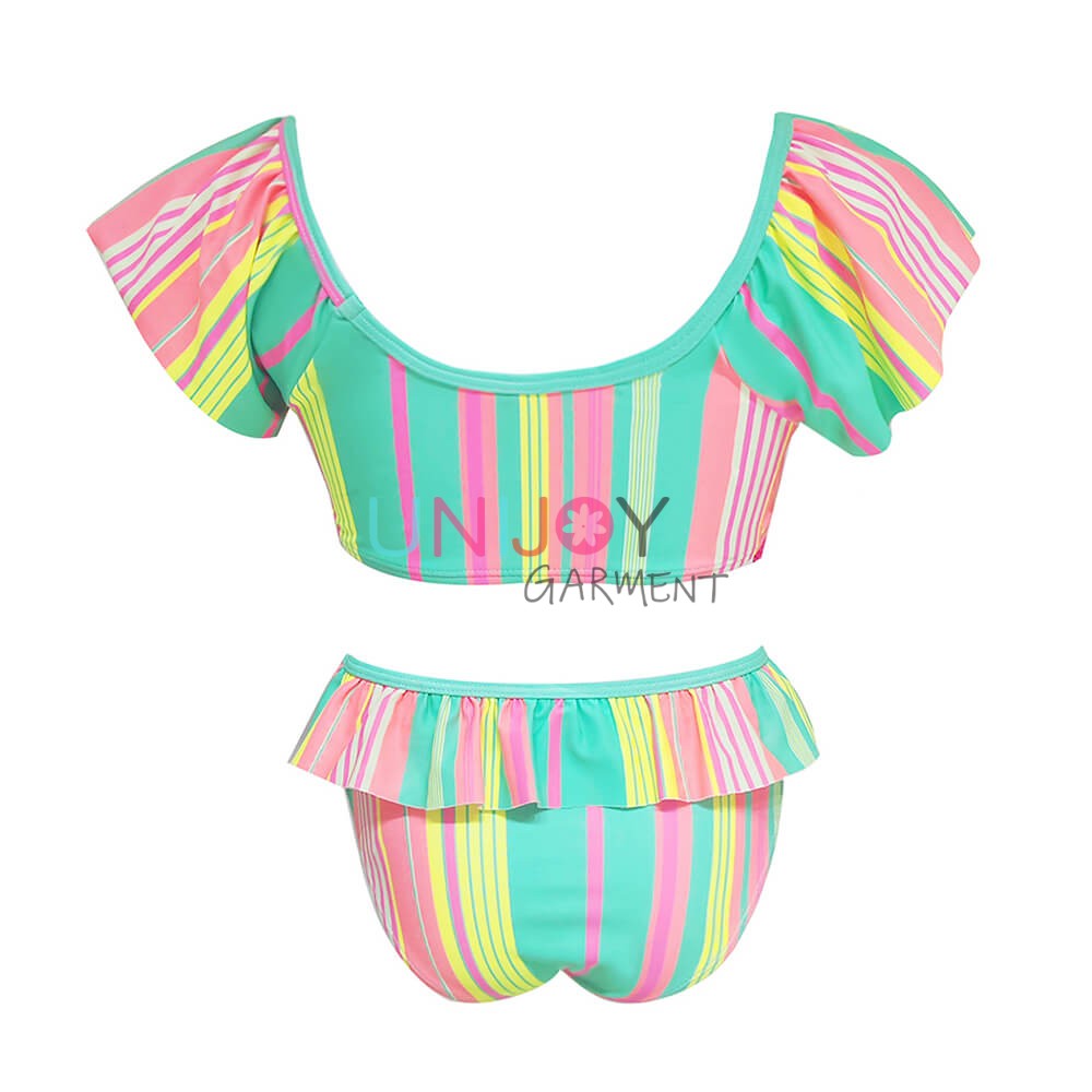 UNGLBK240702-Short Sleeves Girls Rainbow Stripe Custom Bikini With Ruffles