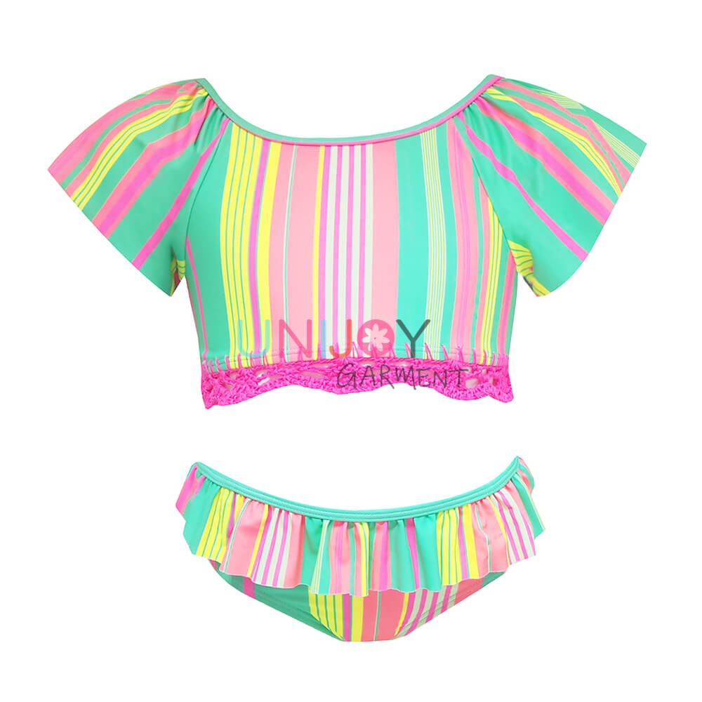 UNGLBK240702-Short Sleeves Girls Rainbow Stripe Custom Made Bikini