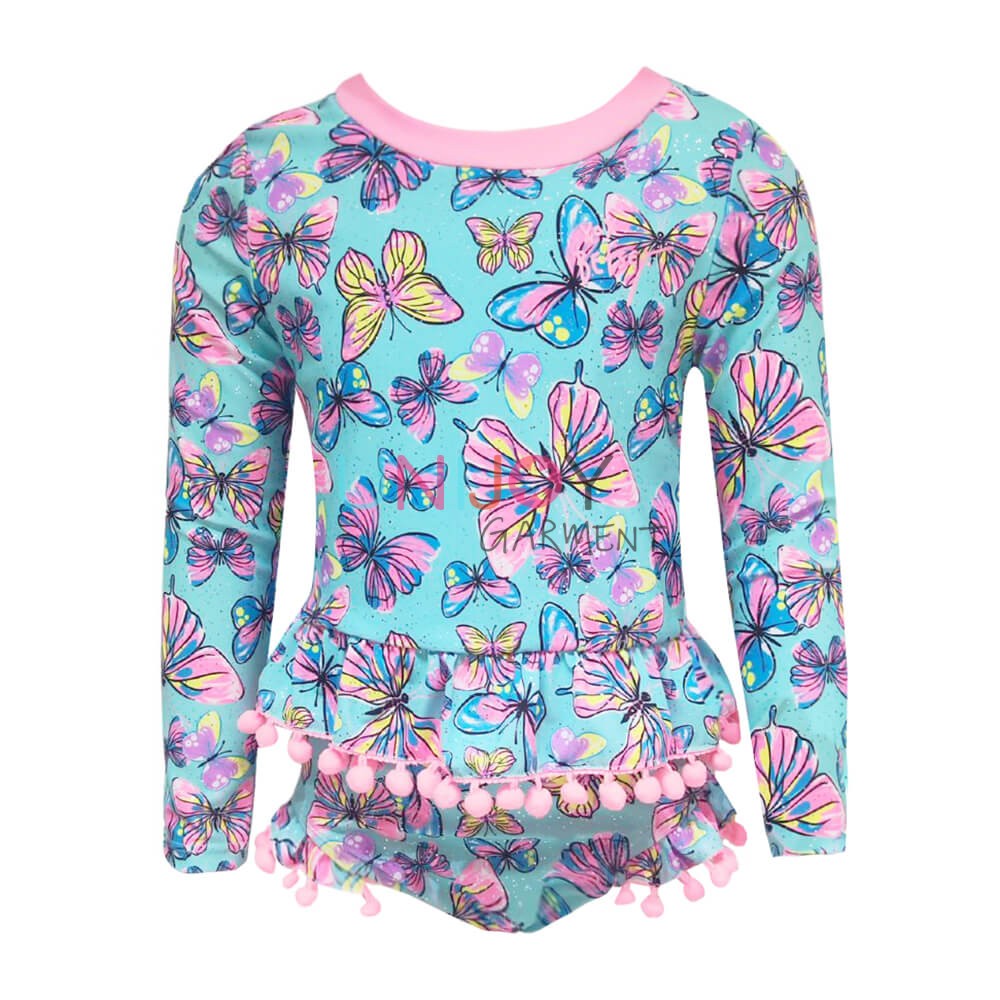 UNGLRG-2407-Custom Rash Guards Girls Long Sleeved Pom-Pom Swimwear Factory