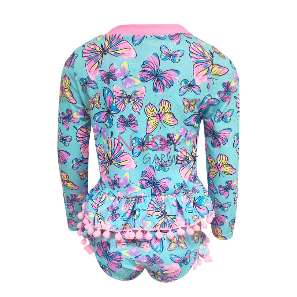 UNGLRG-2407-Custom Rash Guards Girls Long Sleeved Pom-Pom Swimwear