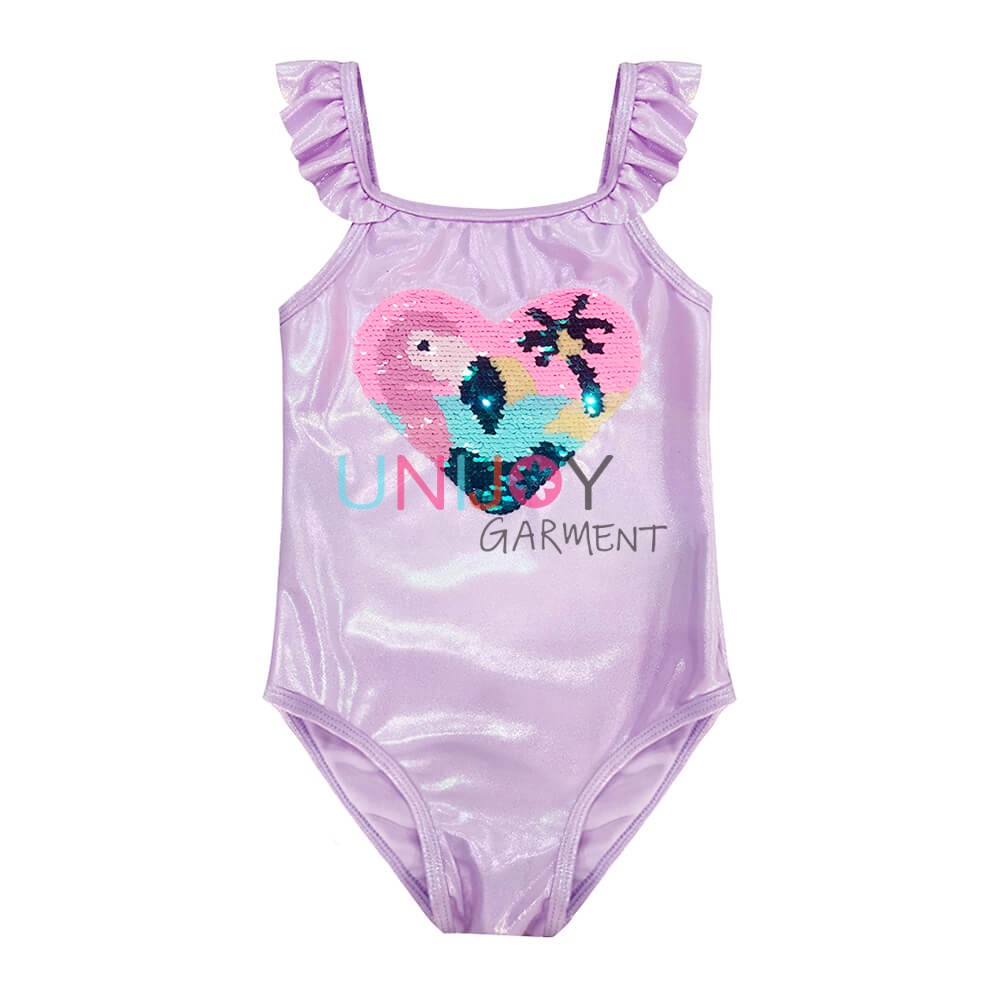 UNGLOP-0150-Girs Shiny Foil Metallic Swimsuit Custom Design With Heart Sequin