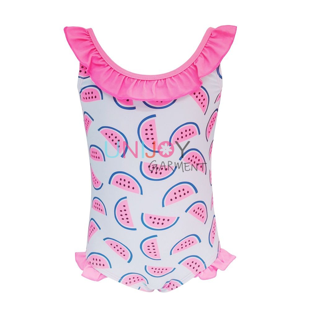 UNGLOP-22014-Cute Watermelon Ruffles Custom One-piece Swimsuit Kids Swimwear Supplier