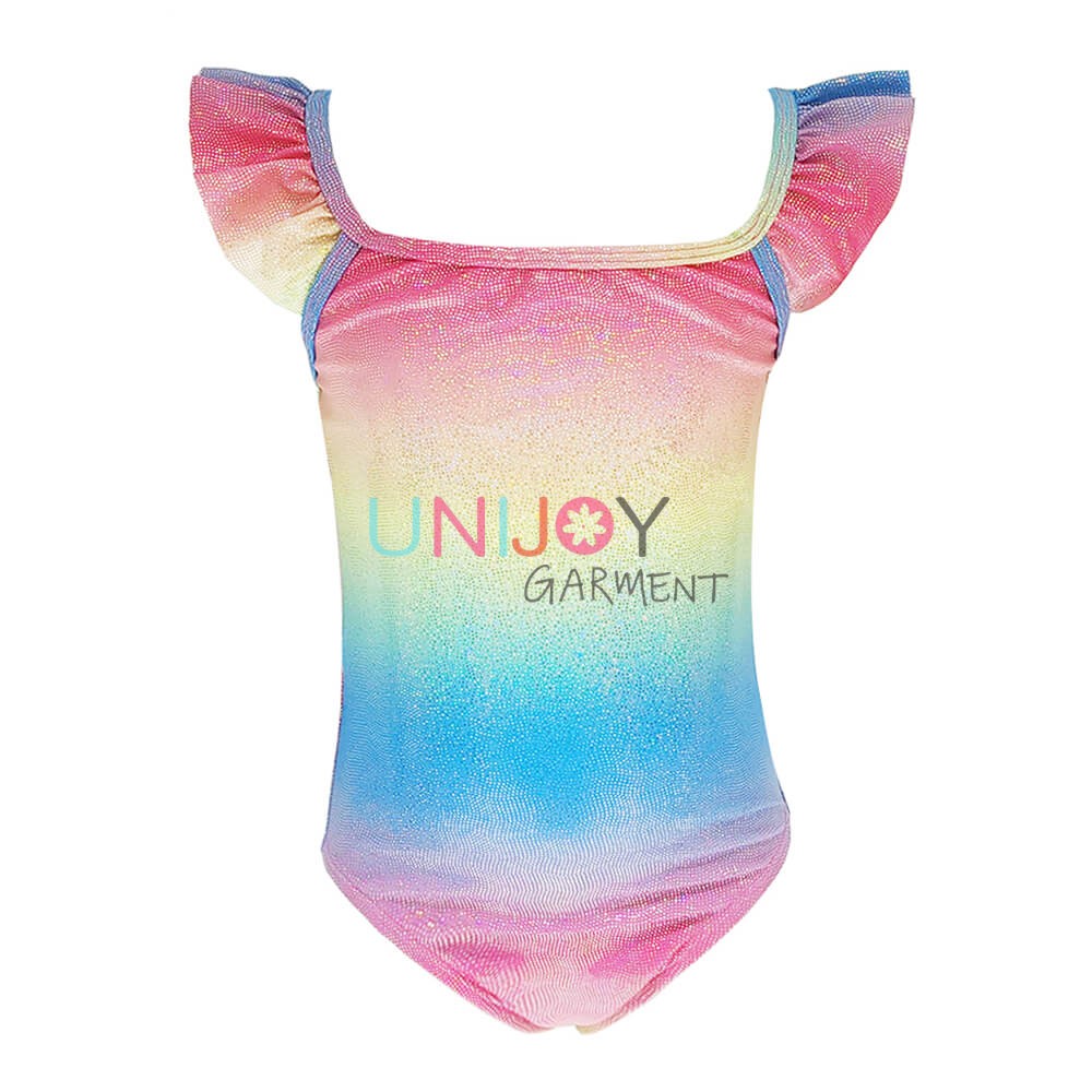 UNGLOP-22024-Foil Print Rainbow Color Ruffles Custom Swim Suits