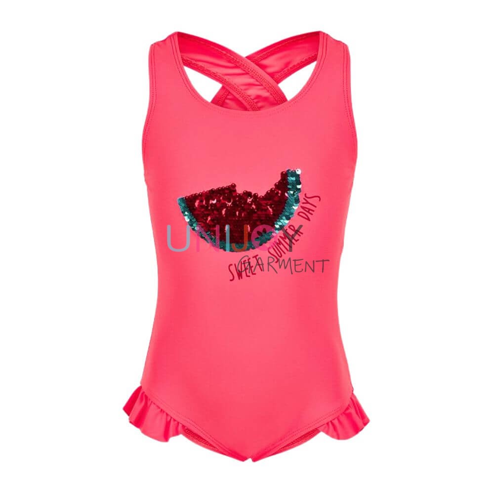 UNGLOP-720062-Custom Swimwear Sequin Watermelon Ruffles Red One-piece