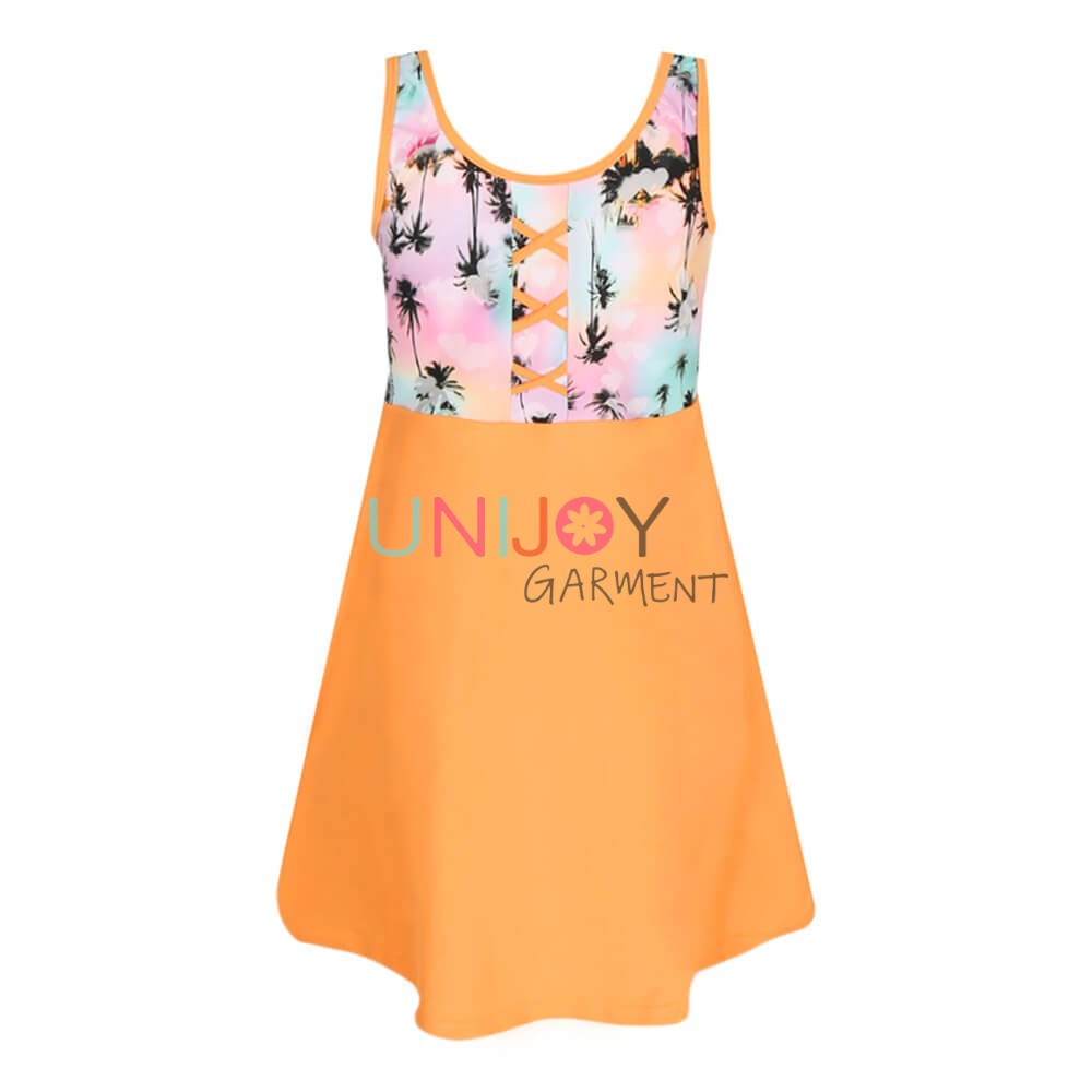 UNGLDS-2410027-Coconut Tree Print Orange Custom Swimsuit Girls One-piece Swim Dress