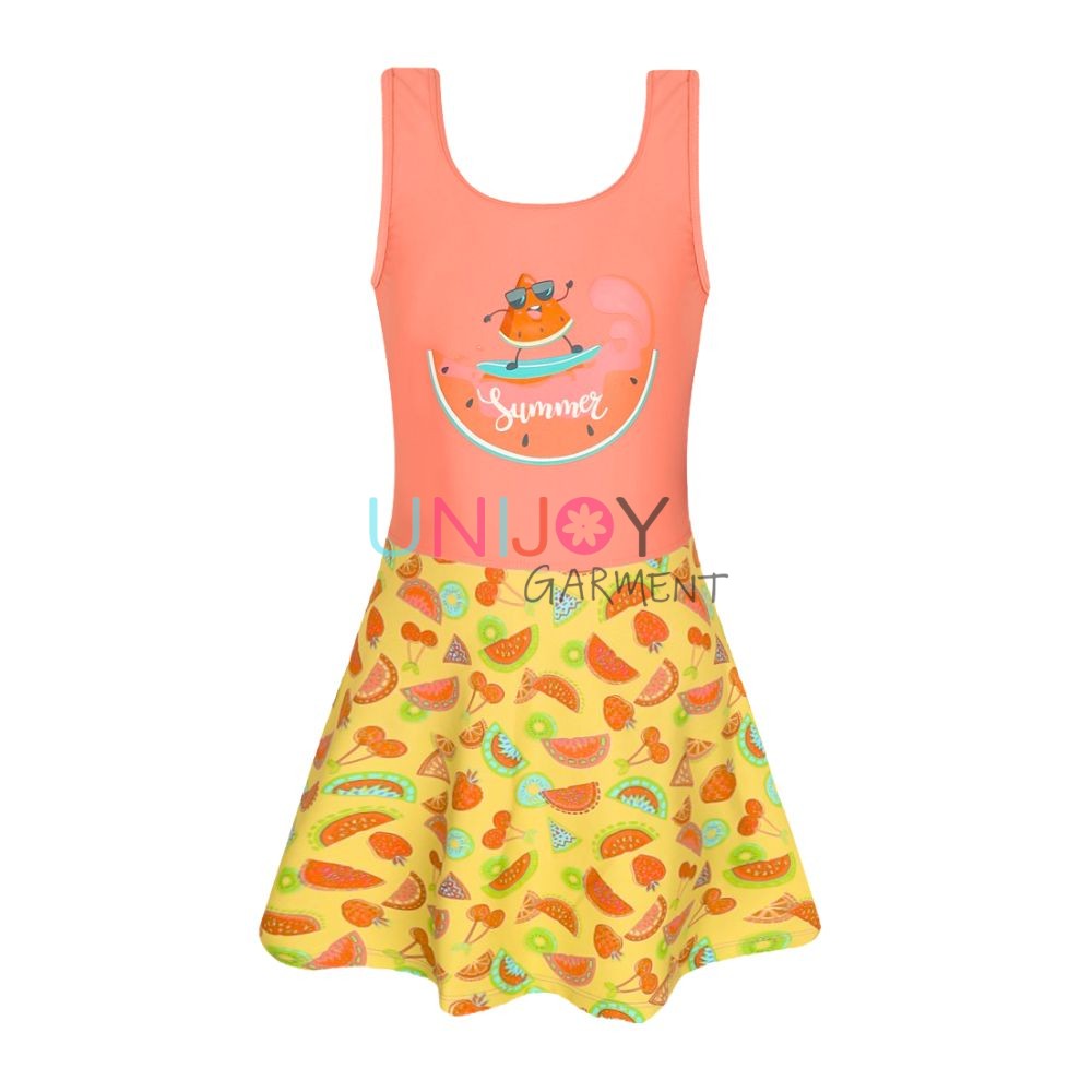 UNGLDS-241009-Watermelon Print Girls Swim Dress Custom One-piece Swimsuit