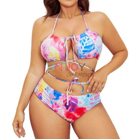 UNWMPLS-24001-Sexy Strap Halter Bikini Vibrant Print Swimsuit