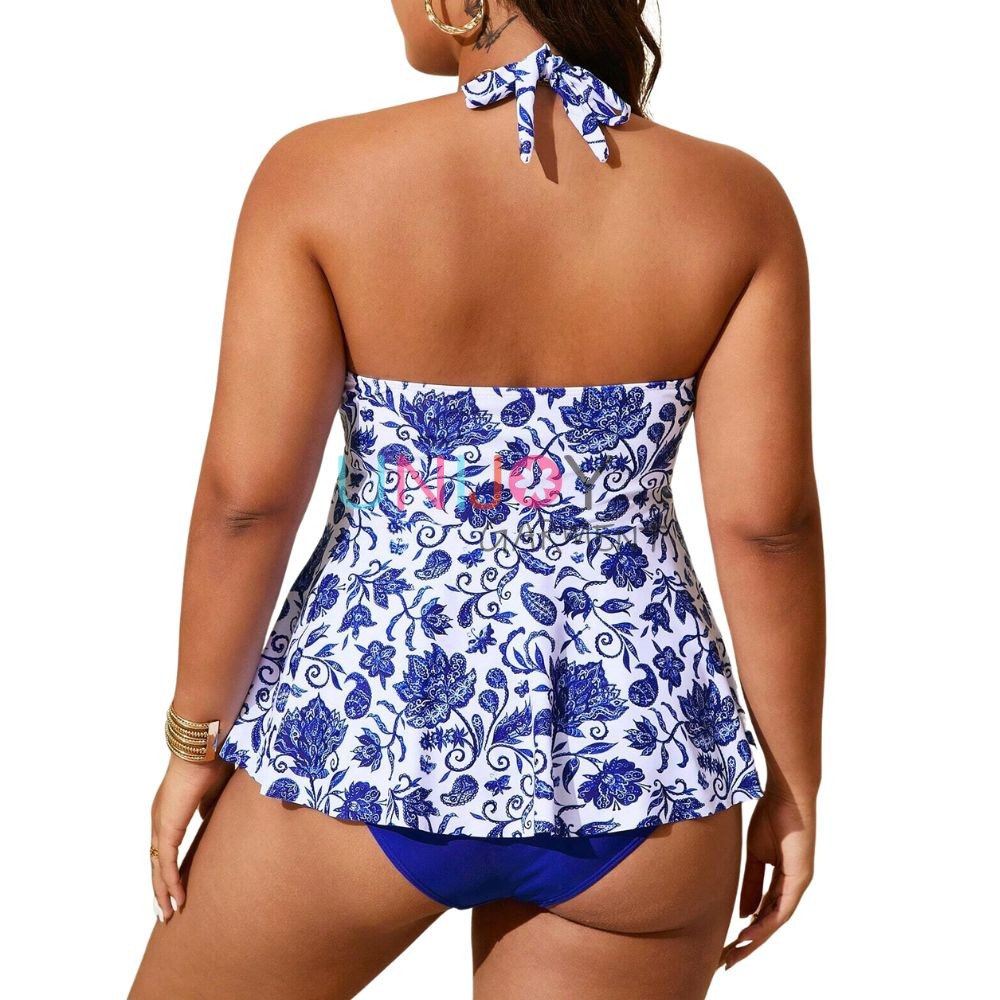 UNWMPLS-24006-Custom Plus Size Swimsuit Floral Print Halter Tankini Set