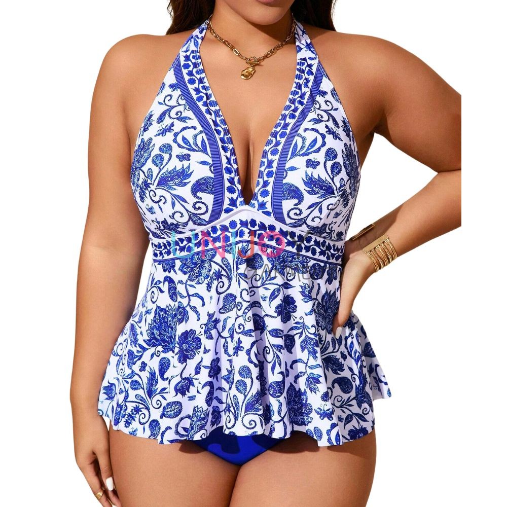 UNWMPLS-24006-Custom Tankini Set Floral Digital Print Plus Size Swimsuit