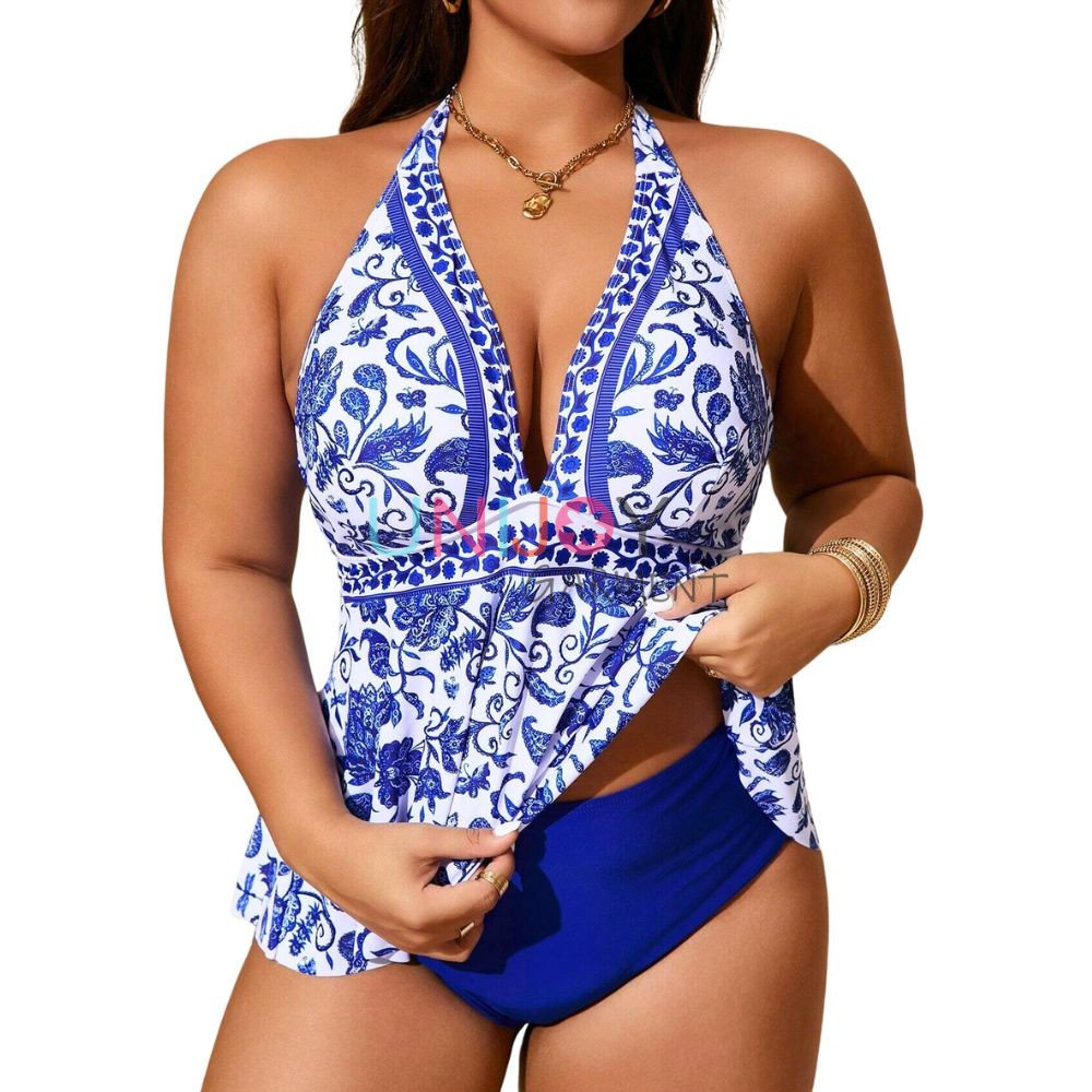 UNWMPLS-24006-Customized Swimsuit Big Size Tankini Floral Positioned Digital Print