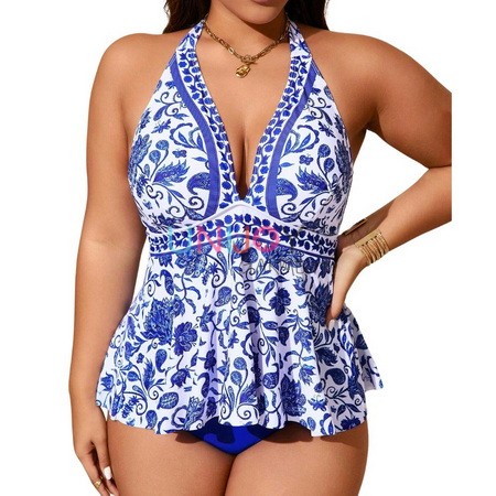 UNWMPLS-24006-Plus Size Tankini Set Floral Positioned Digital Print