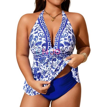 UNWMPLS-24006-Plus Size Two Piece Swimsuit With Floral Digital Print